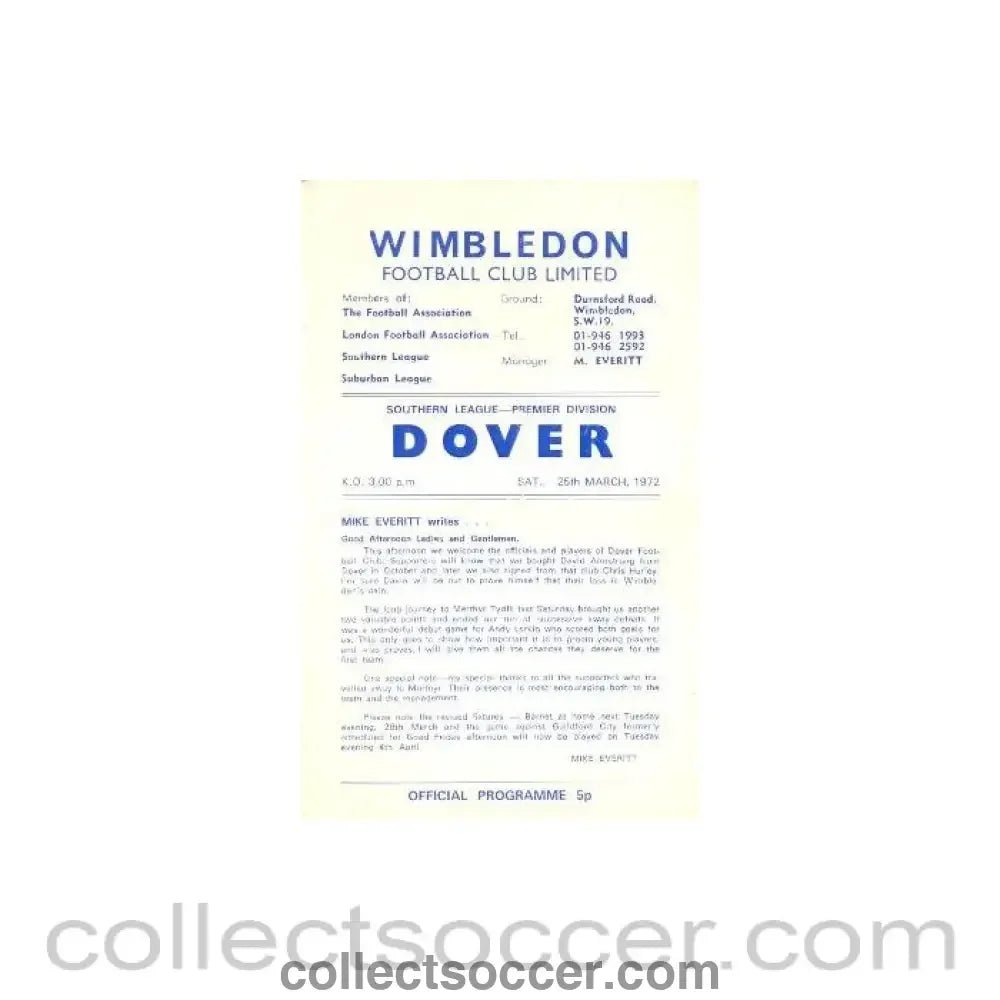 1972 - Wimbledon v Dover official programme 25/03/1972 - Collect Soccer