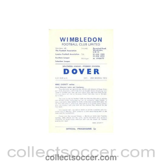 1972 - Wimbledon v Dover official programme 25/03/1972 - Collect Soccer