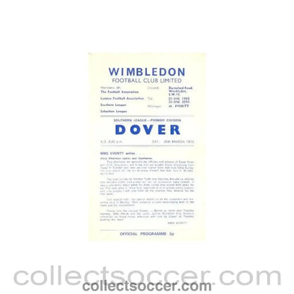 1972 - Wimbledon v Dover official programme 25/03/1972 - Collect Soccer