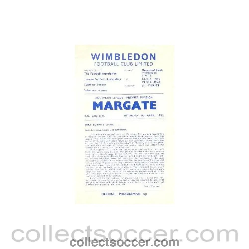 1972 - Wimbledon v Margate official programme 08/04/1972 - Collect Soccer