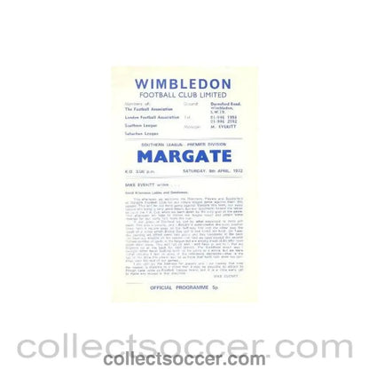 1972 - Wimbledon v Margate official programme 08/04/1972 - Collect Soccer