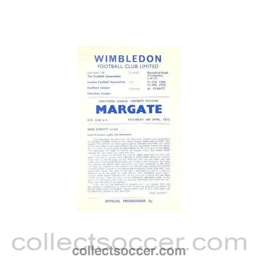 1972 - Wimbledon v Margate official programme 08/04/1972 - Collect Soccer
