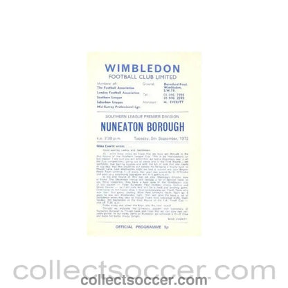 1972 - Wimbledon v Nuneaton Borough official programme 05/09/1972 - Collect Soccer