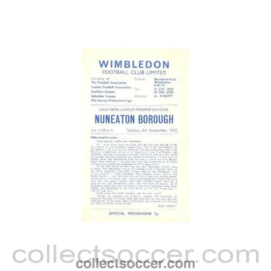 1972 - Wimbledon v Nuneaton Borough official programme 05/09/1972 - Collect Soccer
