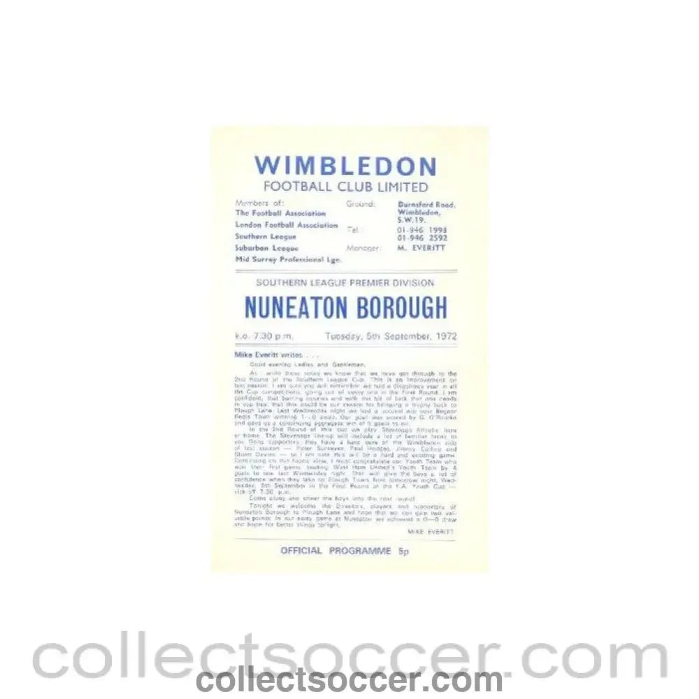 1972 - Wimbledon v Nuneaton Borough official programme 05/09/1972 - Collect Soccer