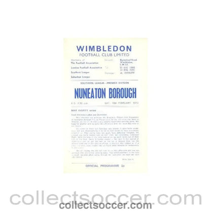 1972 - Wimbledon v Nuneaton Borough official programme 19/02/1972 - Collect Soccer