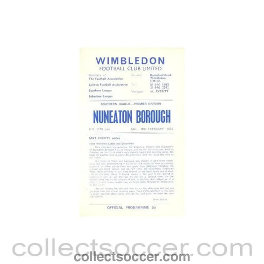1972 - Wimbledon v Nuneaton Borough official programme 19/02/1972 - Collect Soccer