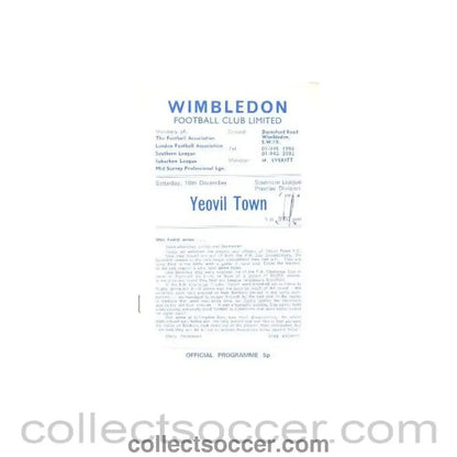 1972 - Wimbledon v Yeovil Town official programme 16/12/1972 - Collect Soccer