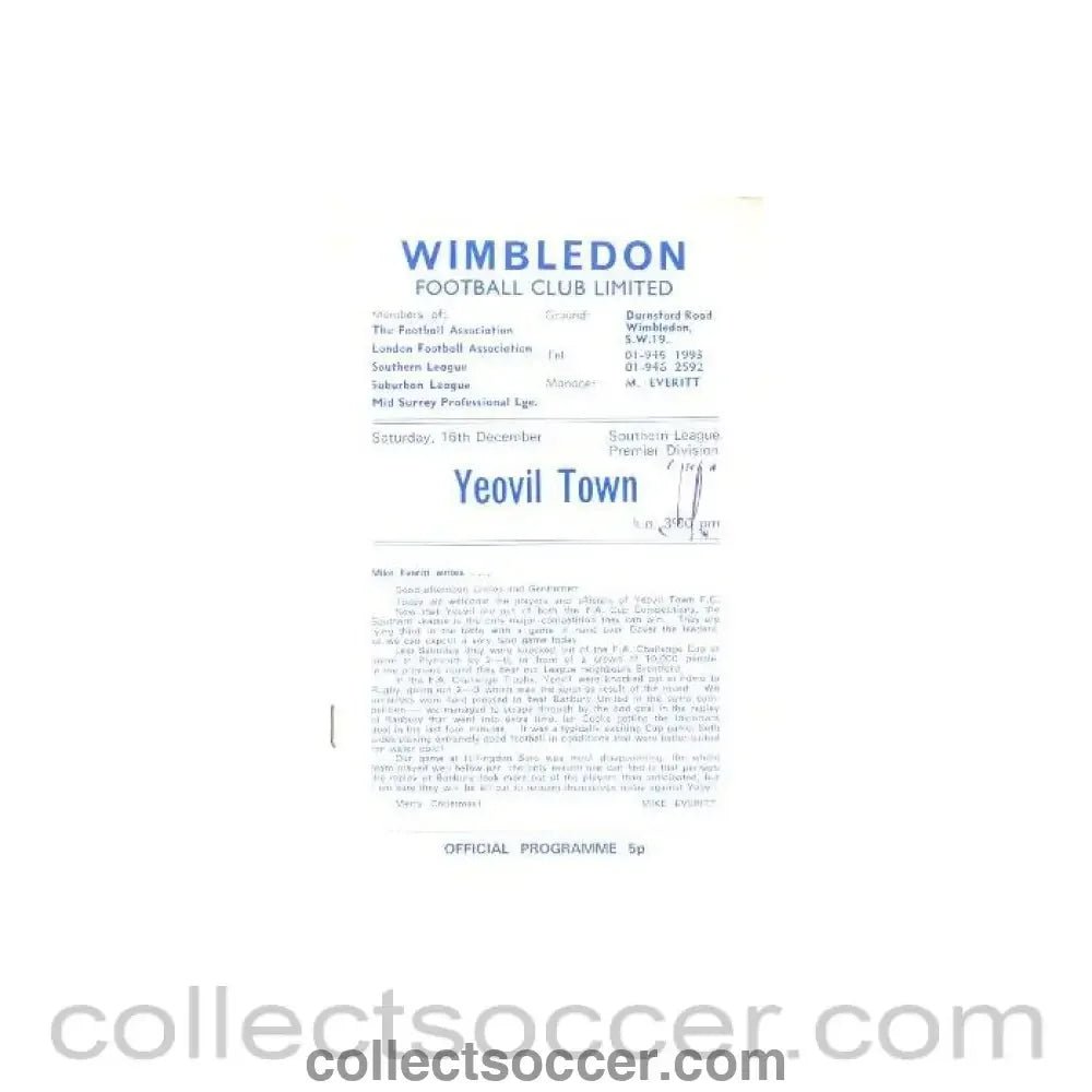 1972 - Wimbledon v Yeovil Town official programme 16/12/1972 - Collect Soccer