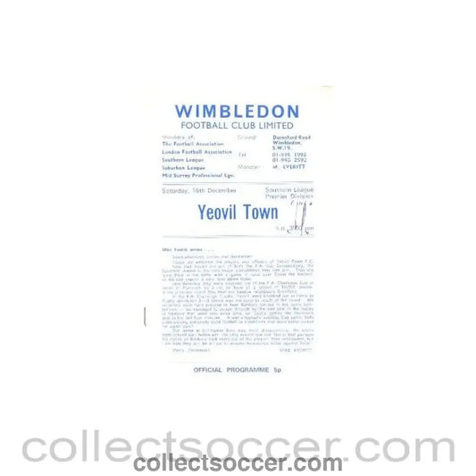 1972 - Wimbledon v Yeovil Town official programme 16/12/1972 - Collect Soccer