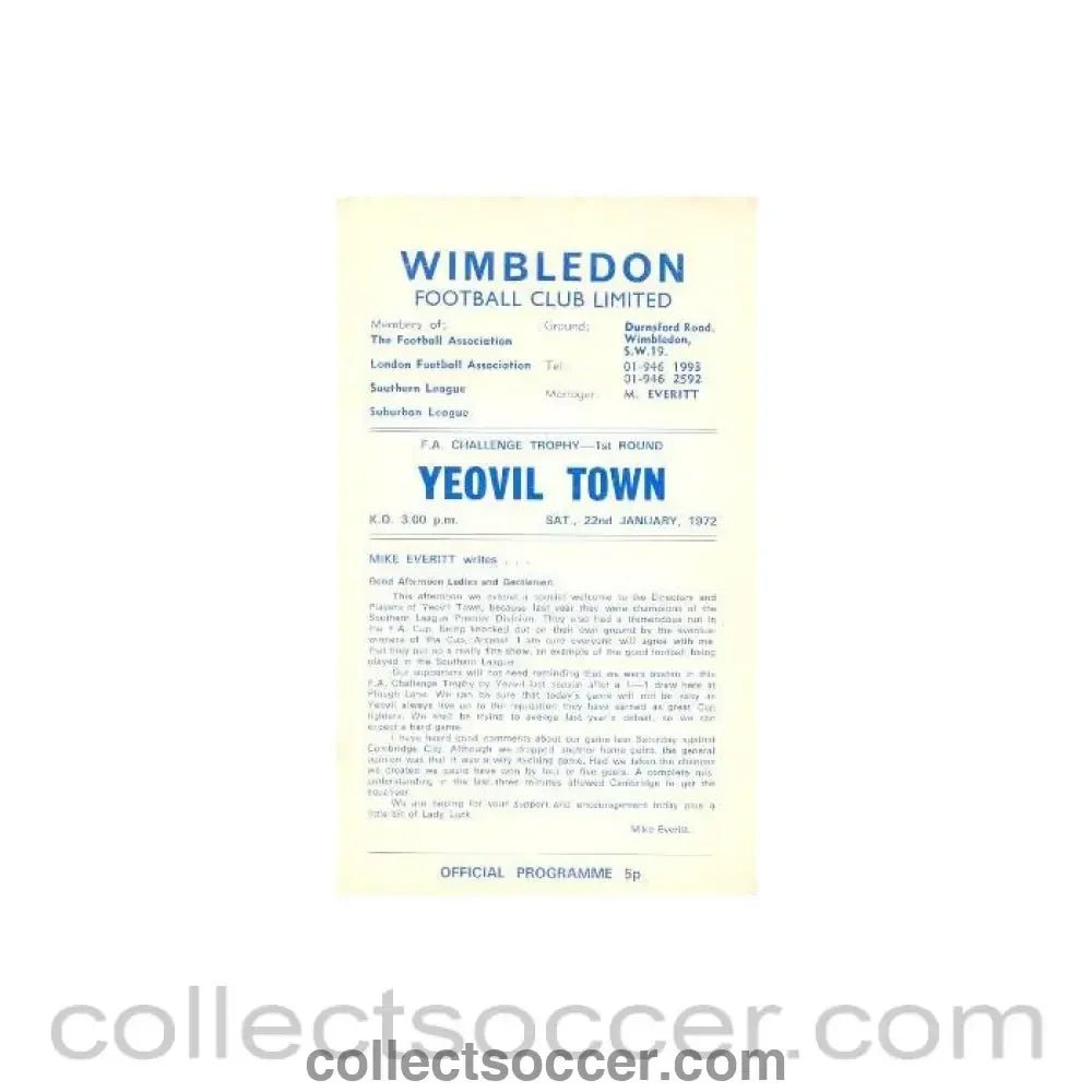 1972 - Wimbledon v Yeovil Town official programme 22/01/1972 - Collect Soccer
