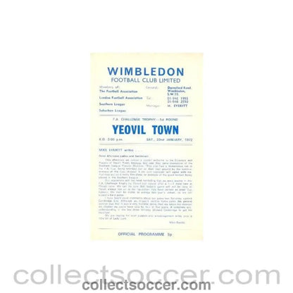 1972 - Wimbledon v Yeovil Town official programme 22/01/1972 - Collect Soccer