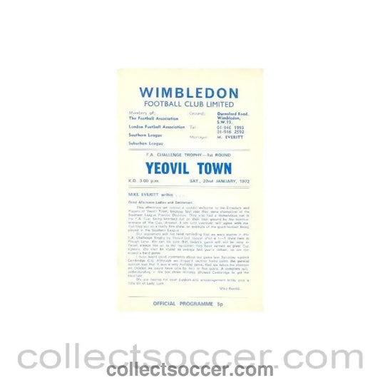 1972 - Wimbledon v Yeovil Town official programme 22/01/1972 - Collect Soccer