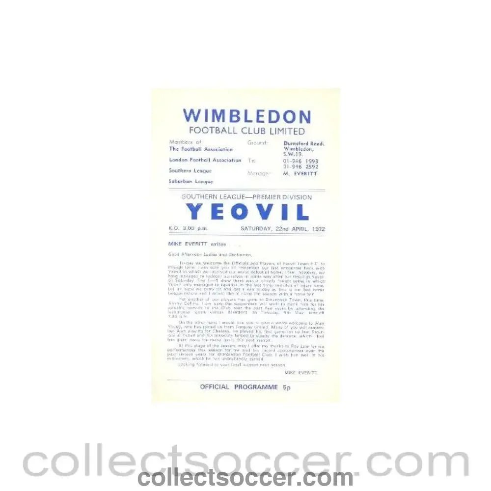 1972 - Wimbledon v Yeovil Town official programme 22/04/1972 - Collect Soccer