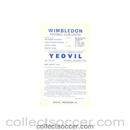 1972 - Wimbledon v Yeovil Town official programme 22/04/1972 - Collect Soccer