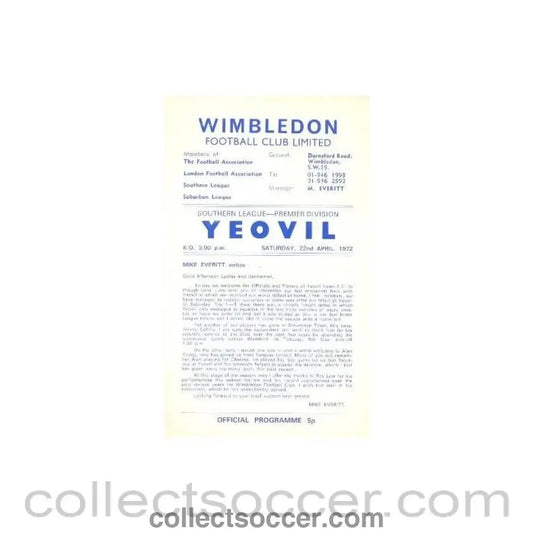 1972 - Wimbledon v Yeovil Town official programme 22/04/1972 - Collect Soccer