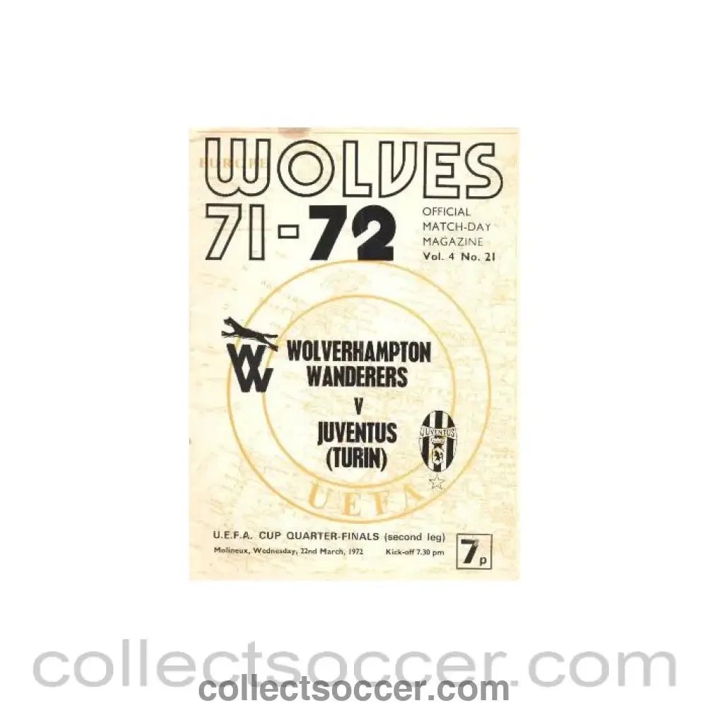 1972 - Wolverhampton Wanderers v Juventus, Turin official programme 22/03/1972 - Collect Soccer