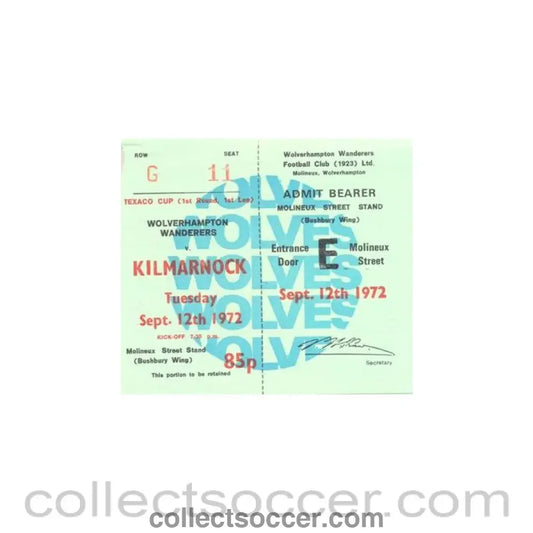 1972 - Wolverhampton Wanderers v Kilmarnock ticket 12/09/1972 Texaco Cup