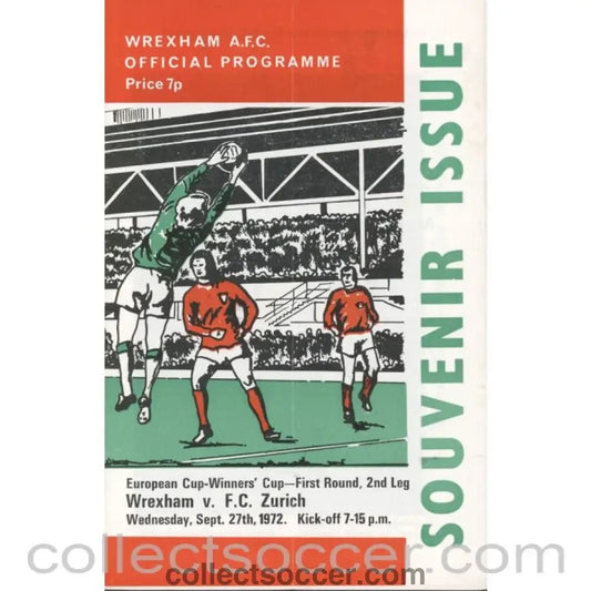 1972 - Wrexham v FC Zurich Cup Winners Cup 1st Round 2nd Leg Official Football Programme - Collect Soccer