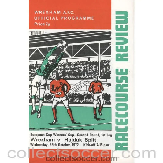 1972 - Wrexham v Hadjuk Split Cup Winners Cup 2nd Round 1st Leg Official Football Programme - Collect Soccer