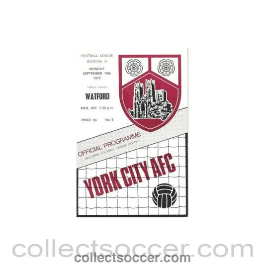 1972 - York City v Watford official programme 18/09/1972 Football League - Collect Soccer