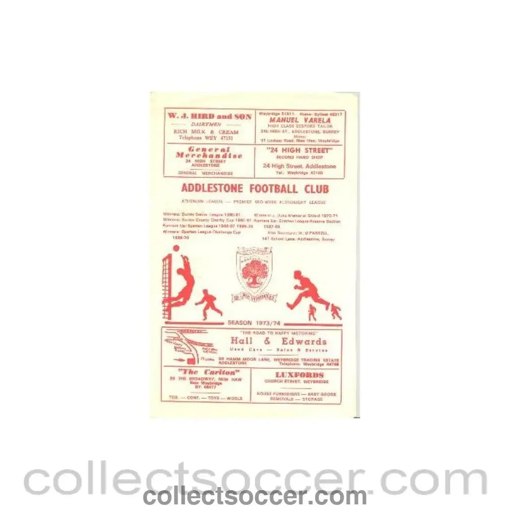 1973 - Addlestone v Lion Sports official programme of Season 1973 - 1974 - Collect Soccer