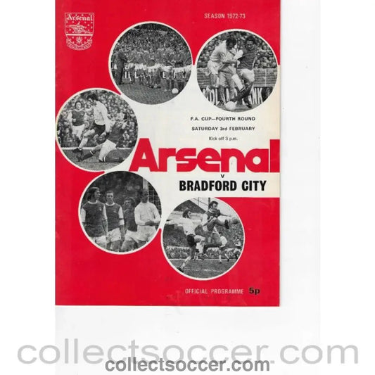 1973 - Arsenal v Bradford City FA Cup 4th Round 3/2/1973 Official Programme - Collect Soccer
