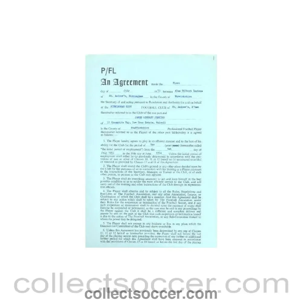 1973 - Contract For Hire of a Player between Birmingham City F.C. and James Lindley Jenkins of 01/07/1973