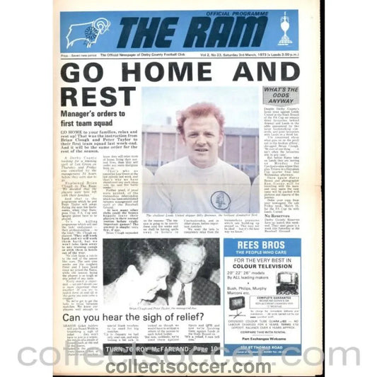 1973 - Derby County v Leeds United 3/3/1973 Official Programme - Collect Soccer