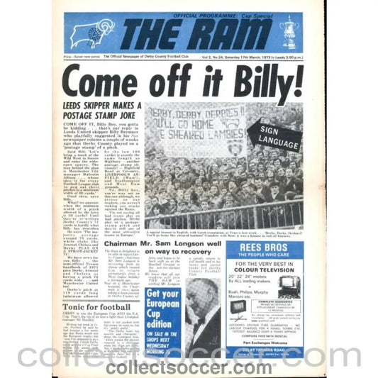 1973 - Derby County v Leeds United FA Cup 17/3/1973 Official Programme - Collect Soccer