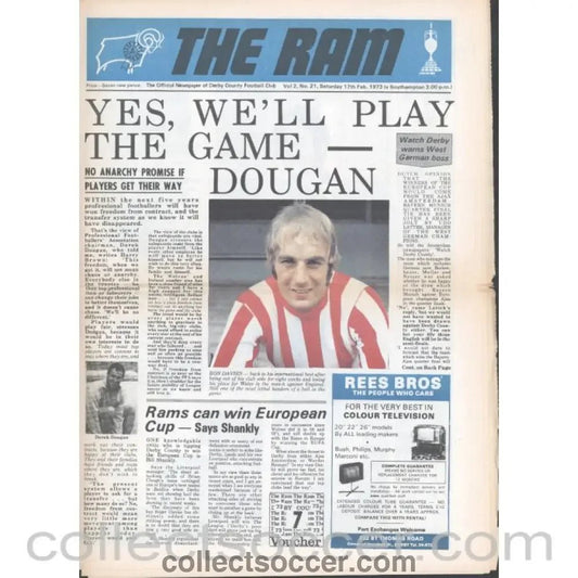 1973 - Derby County v Southampton 17/2/1973 Official Programme - Collect Soccer