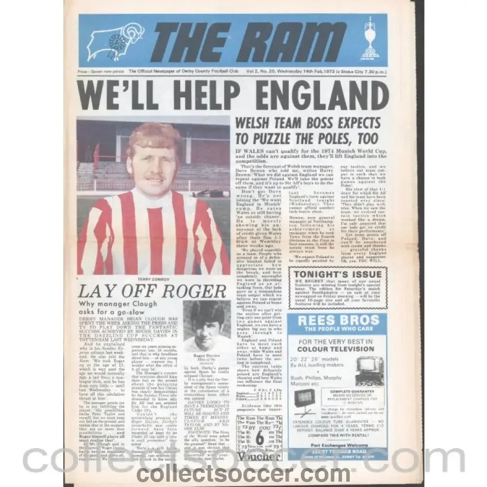 1973 - Derby County v Stoke City 14/2/1973 Official Programme - Collect Soccer