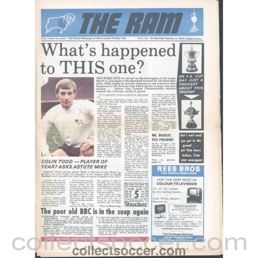 1973 - Derby County v Tottenham Hotspur 3/2/1973 FA Cup Official Programme - Collect Soccer