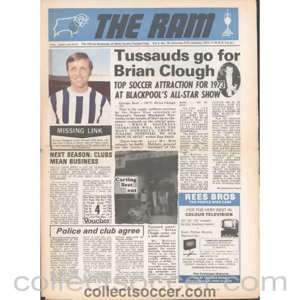 1973 - Derby County v West Bromwich Albion 27/1/1973 Official Programme - Collect Soccer