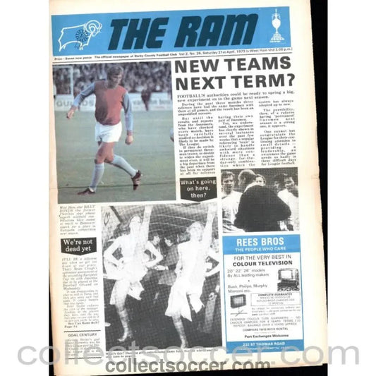 1973 - Derby County v West Ham United 21/4/1973 Official Programme - Collect Soccer