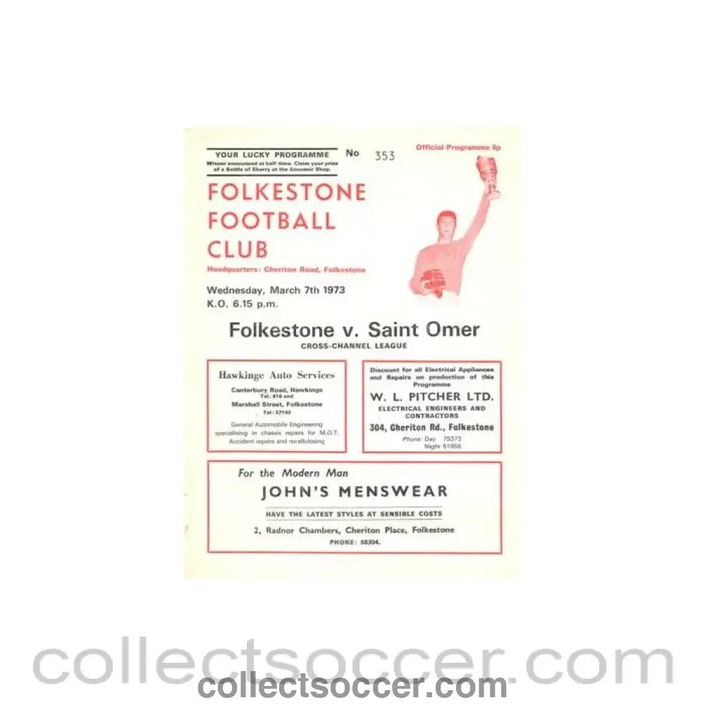 1973 - Folkstone v Saint Omer official programme 07/03/1973 Cross - Channel League - Collect Soccer