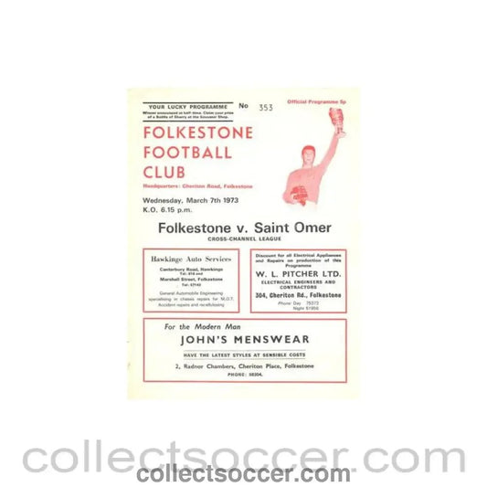 1973 - Folkstone v Saint Omer official programme 07/03/1973 Cross - Channel League - Collect Soccer
