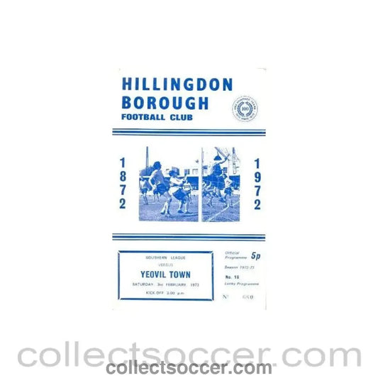 1973 - Hillingdon Borough v Yeovil Town official programme 03/02/1973 - Collect Soccer