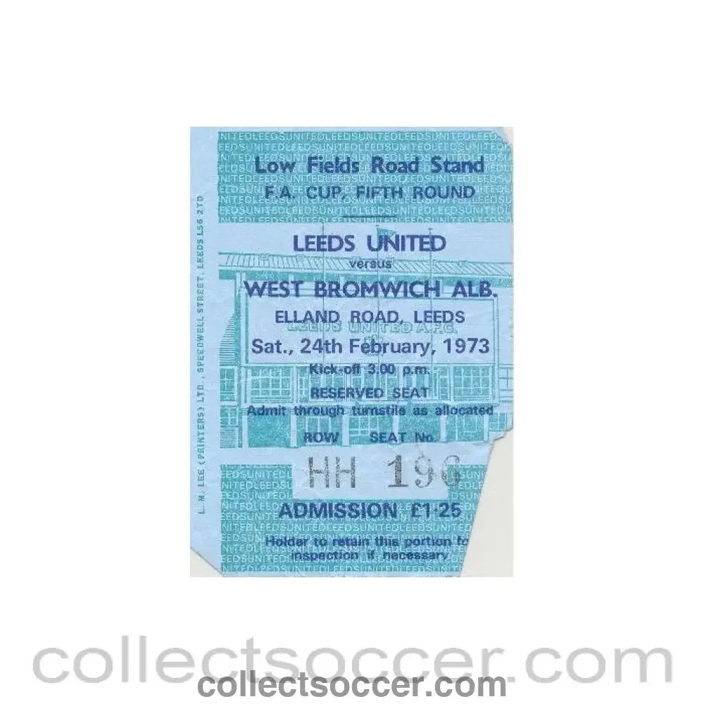 1973 - Leeds United v West Bromwich Albion ticket 24/02/1973 F.A. Cup