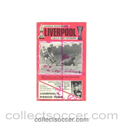 1973 - Liverpool v Ipswich Town official programme 17/11/1973 - Collect Soccer