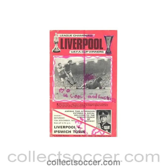 1973 - Liverpool v Ipswich Town official programme 17/11/1973 - Collect Soccer