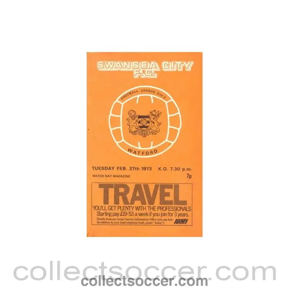 1973 - Swansea City v Watford official programme 27/02/1973 Football League - Collect Soccer
