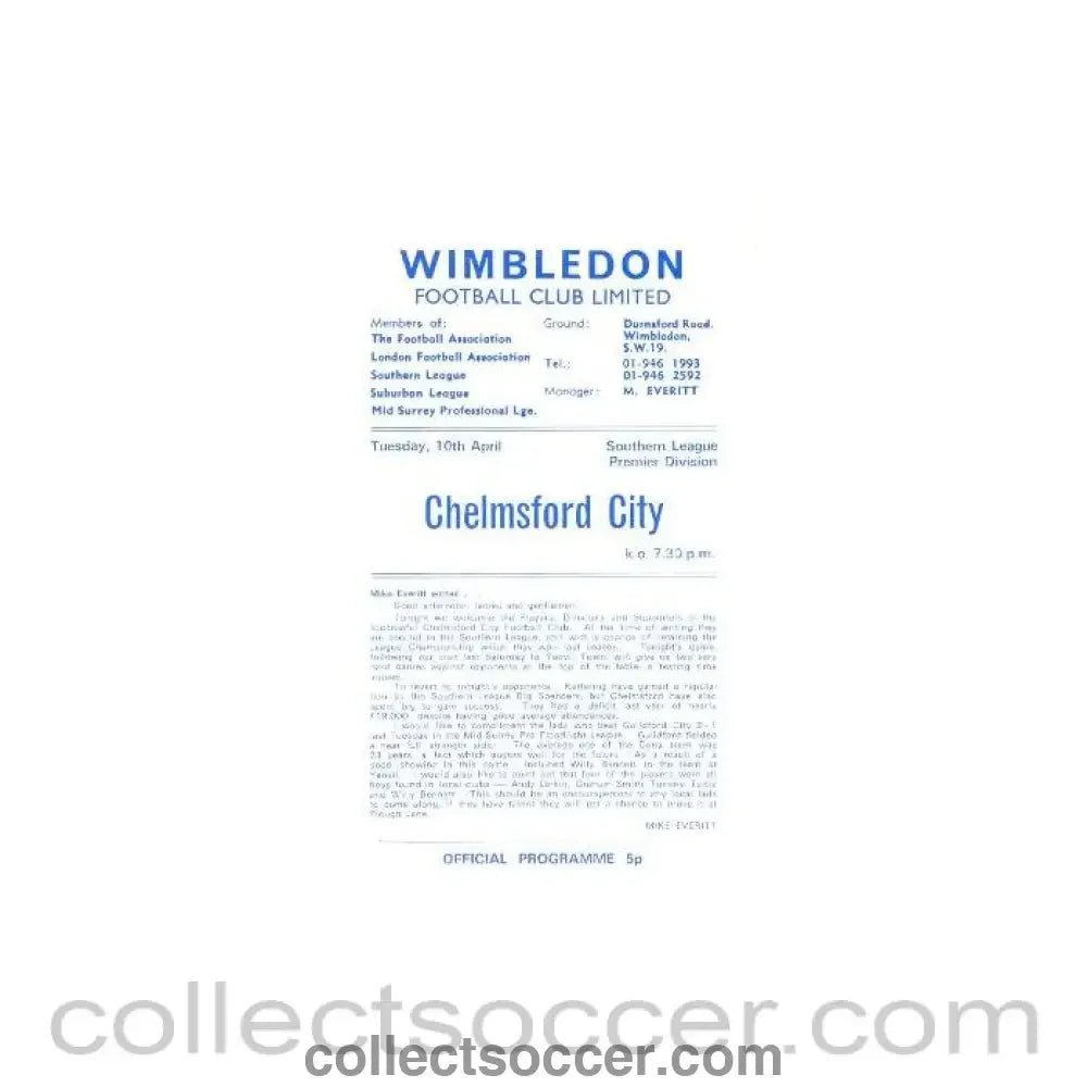 1973 - Wimbledon v Chelmsford City official programme 10/04/1973 - Collect Soccer