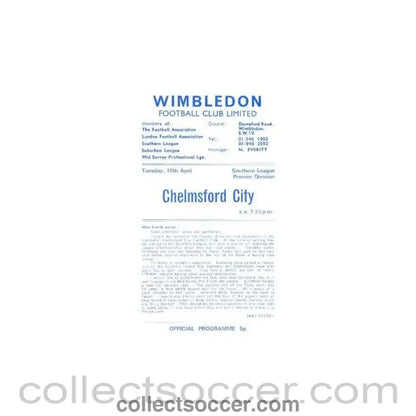 1973 - Wimbledon v Chelmsford City official programme 10/04/1973 - Collect Soccer