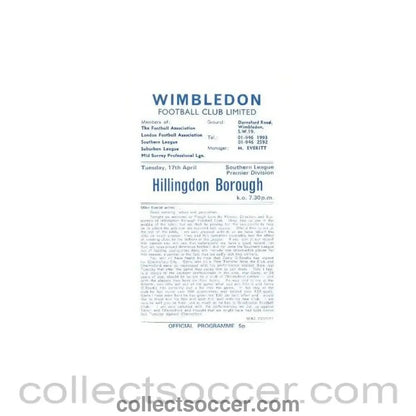 1973 - Wimbledon v Hillingdon Borough official programme 17/04/1973 - Collect Soccer