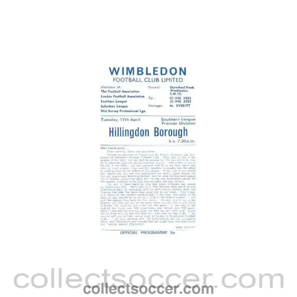 1973 - Wimbledon v Hillingdon Borough official programme 17/04/1973 - Collect Soccer