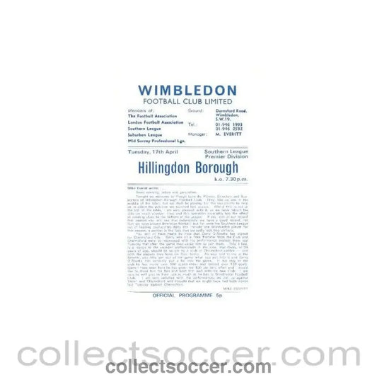 1973 - Wimbledon v Hillingdon Borough official programme 17/04/1973 - Collect Soccer