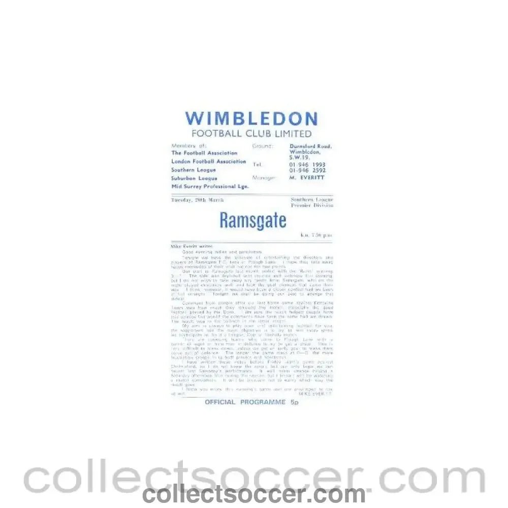 1973 - Wimbledon v Ramsgate official programme 20/03/1973 - Collect Soccer