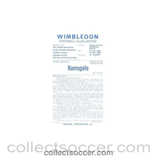 1973 - Wimbledon v Ramsgate official programme 20/03/1973 - Collect Soccer