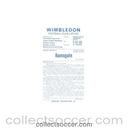 1973 - Wimbledon v Ramsgate official programme 20/03/1973 - Collect Soccer